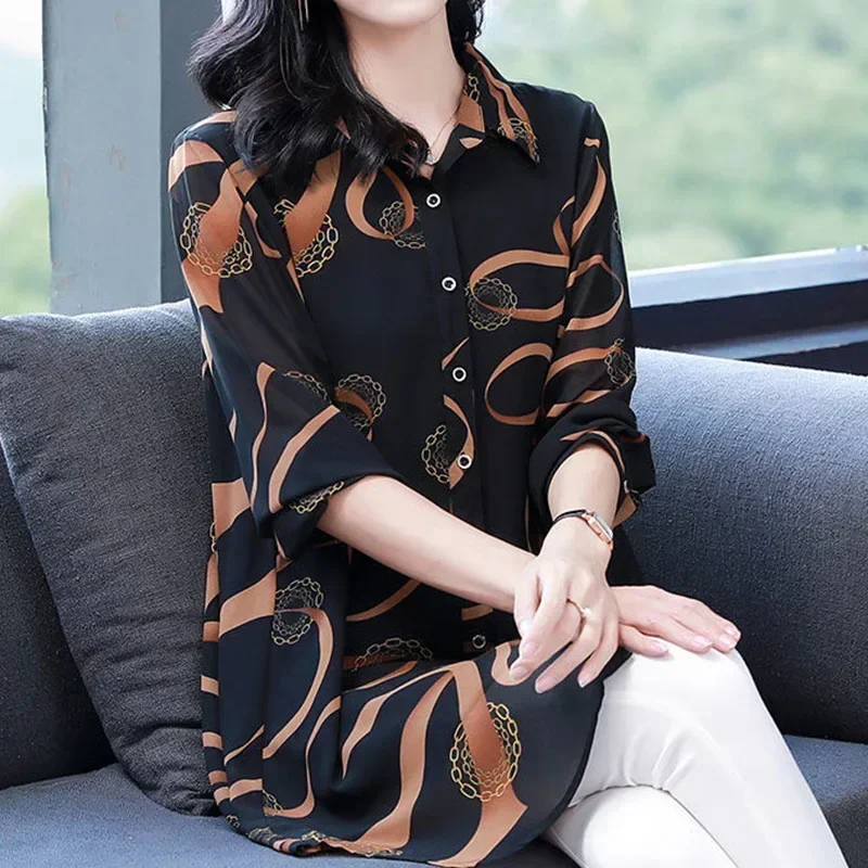 

2022 New Summer Soft Comfortable Blouse for Women Lapel Button Up Loose Casual Chiffon Shirt Printed Long Sleeve Midi Cardigan