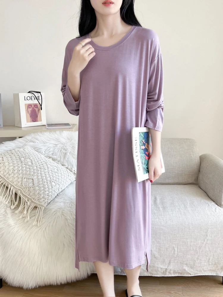 Autumn Round Neck Cotton Nightdress Women\'s  loose Large Size Home Service Solid Color Long Skirt Bottoming Spring