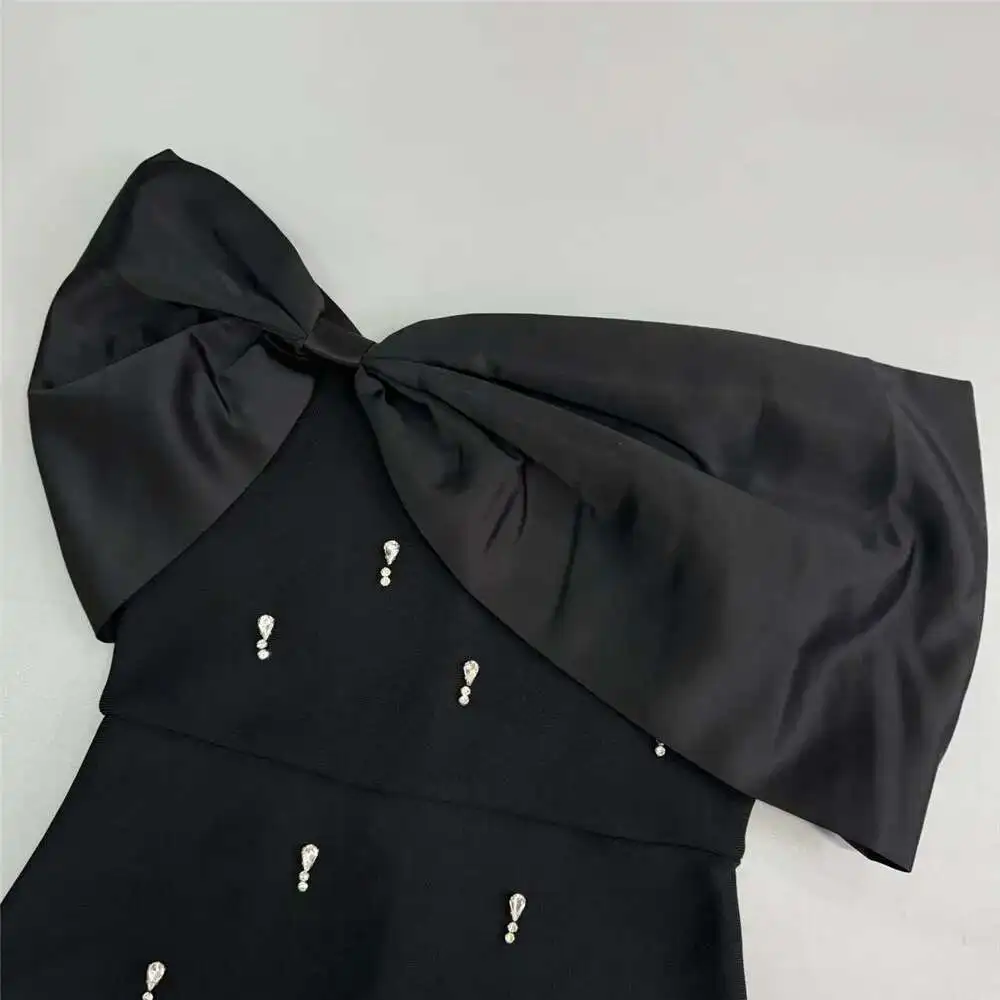 LEOSOXS ブラック オフショルダー ドレス リボン サテン ガウン ラインストーン フロアレングス フォーマル パーティー ウェア スタイリッシュ エレガント シック イブニング アタイア