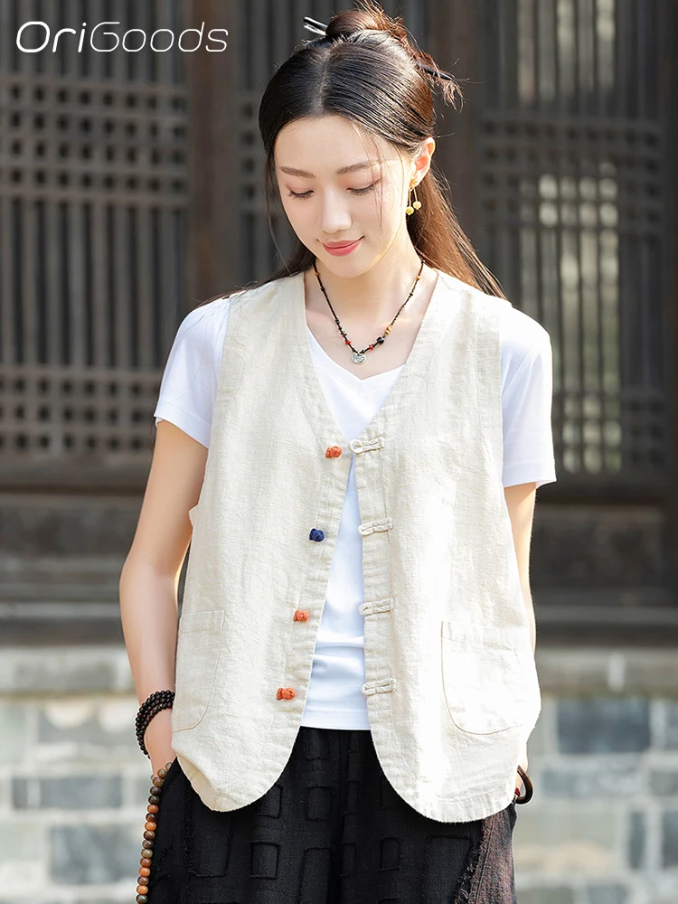 OriGoods Ramie Vest Women Chinese Style Sleeveless Shirt 2024 New Loose Japanese Style Vest Woman Traditional Tops C083