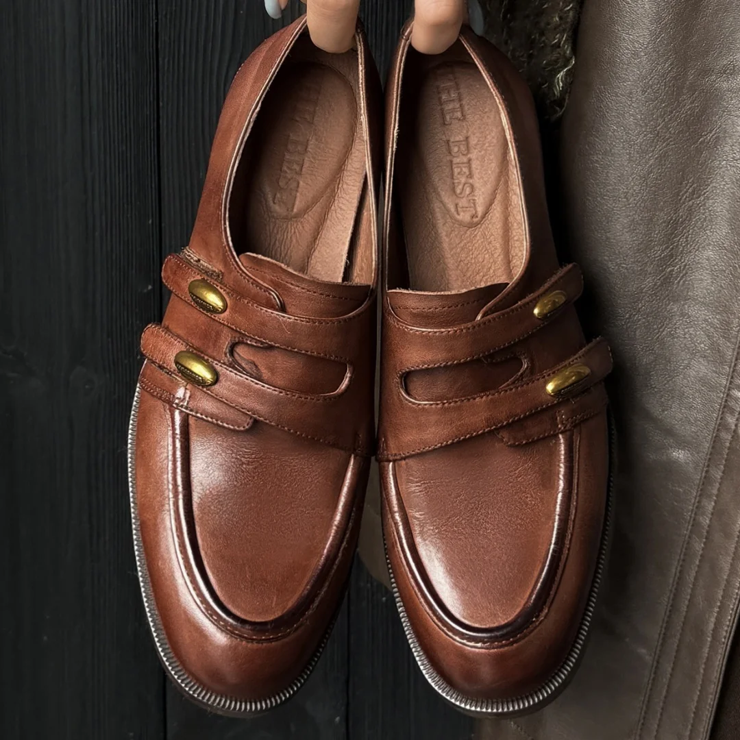 

danxuefei women's cow leather double metal buckle round toe slip-on flats loafers high quality soft comfortable moccasins shoes