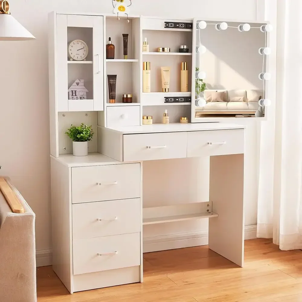 Illuminated Vanity Desk with Sliding Mirror and Storage Options