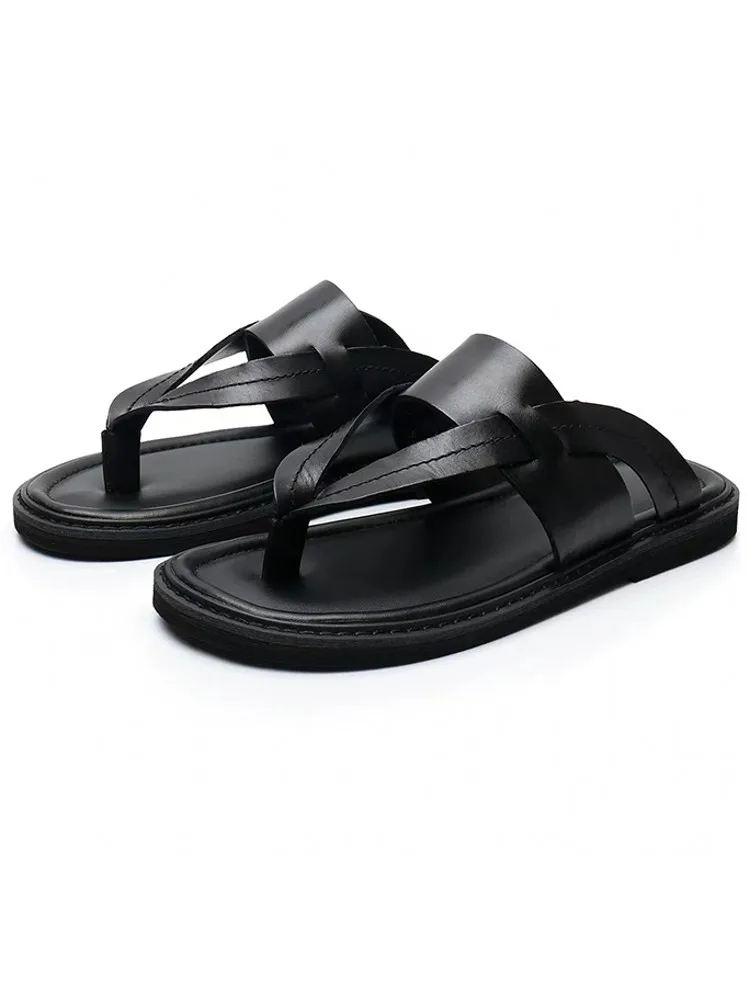 Summer New Mens Outside Cow Leather Sandals Vintage Flip Flops Slip On Slippers Comfortable Flats Antiskid Casual Beach Shoes