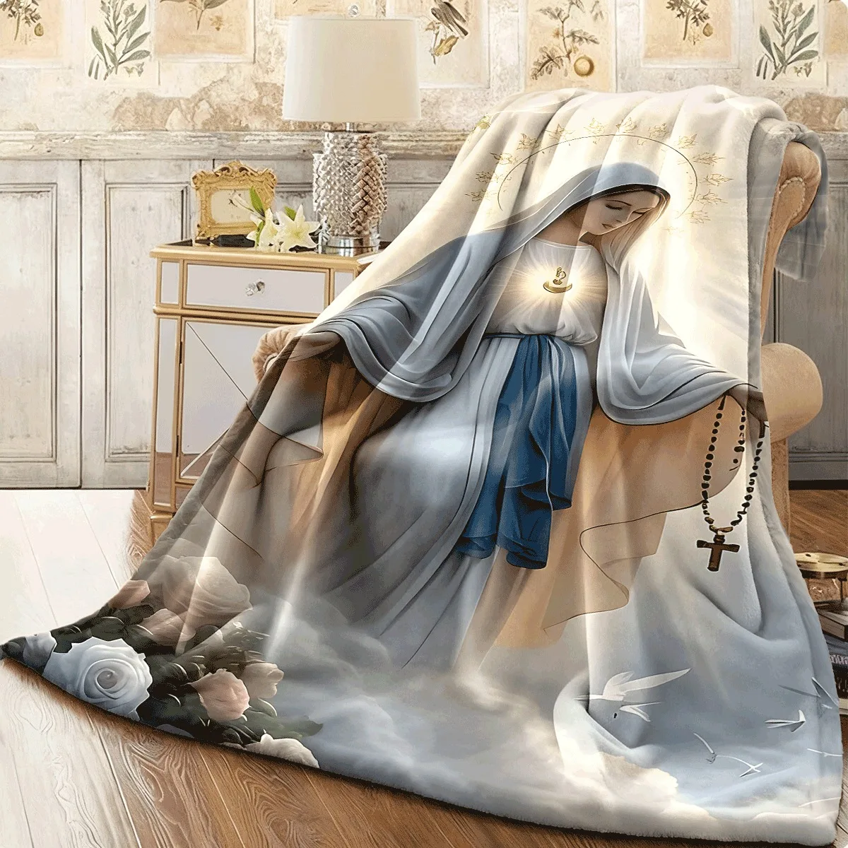 1pc Holy Mary Flannel Blanket Sacred Religious Theme with Halo Cross Rosary, Soft Cozy All-Season Throw for Devotion, Graceful A