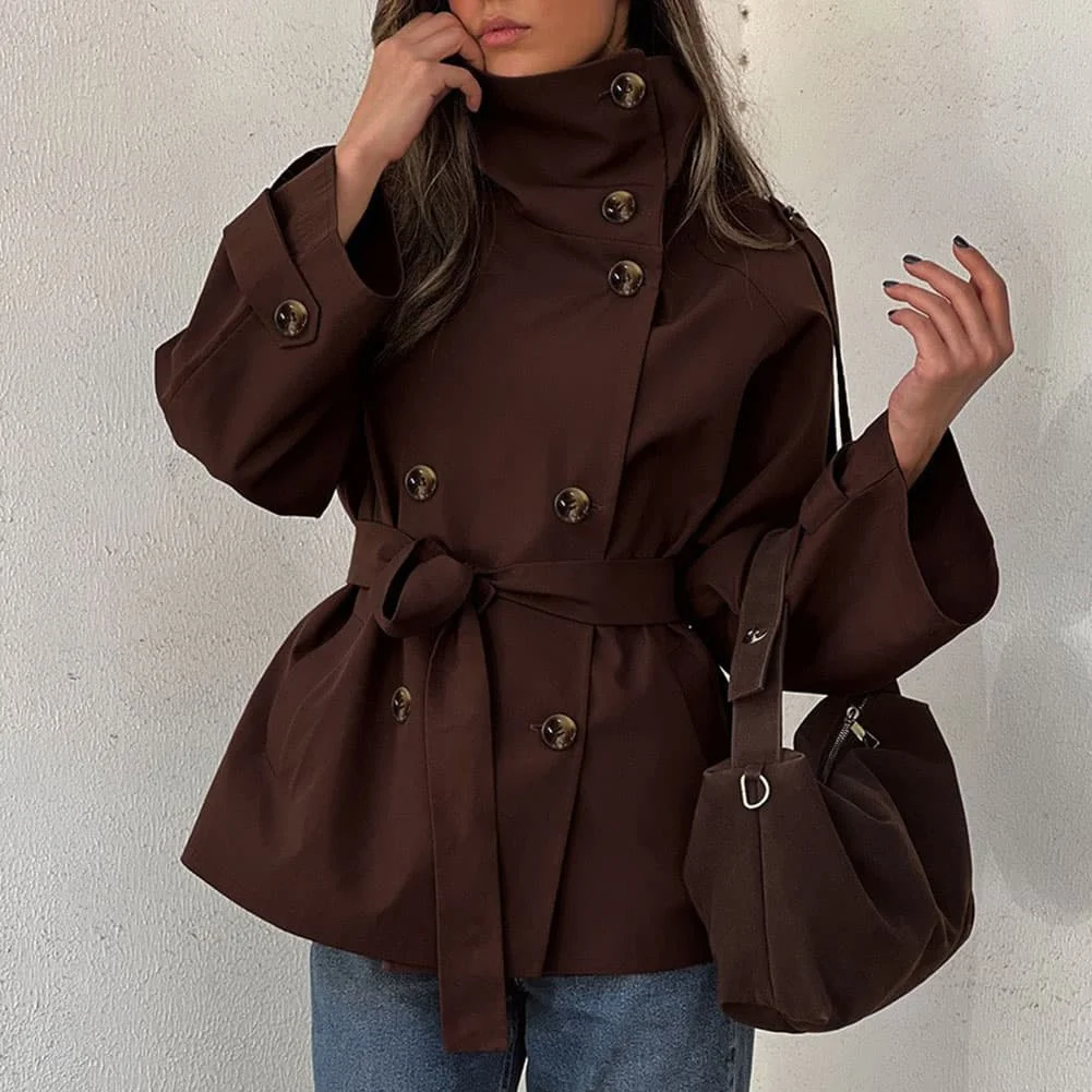 Womens Double-Breasted Cropped Jacket Featuring Stand-Up Collar Belted Waist and Regular Length for All-Day Wear