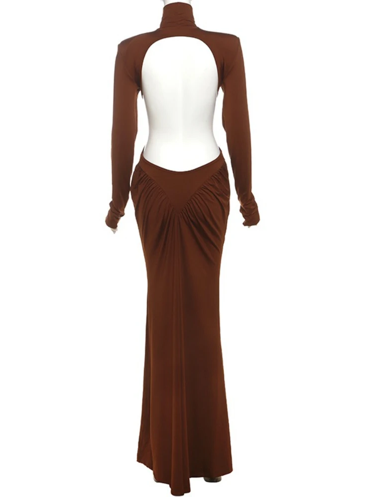 فساتين حفلات طويلة أنيقة ذات ياقة مدورة وأكمام طويلة للنساء، فستان سهرة طويل مكشوف الظهر مكشكش