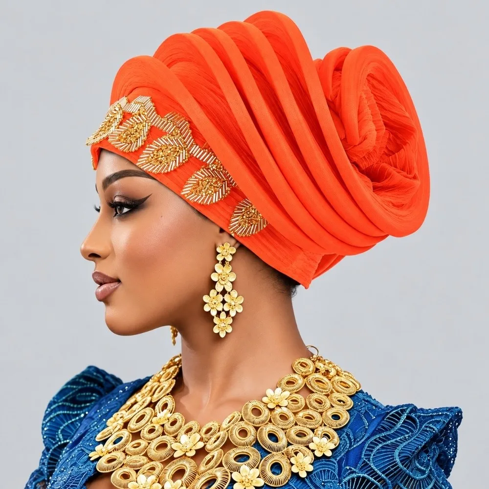 Shiny African Gele Headwrap Polyester Gold Embellished Yoruba Turban Hat Leaf Multiple Color Options Traditional Headpiece Daily