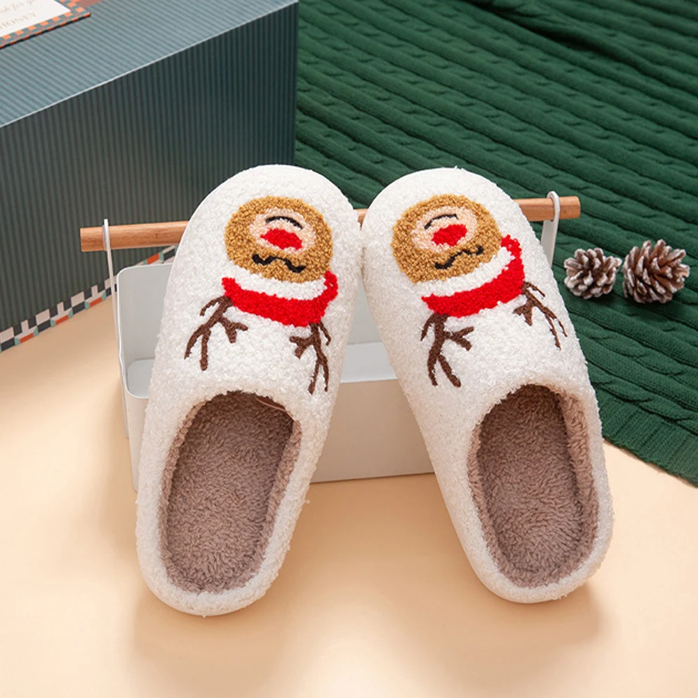 Christmas Elk Plush Slippers Comfortable Warm Slip-on House Shoes Furry Reindeer Slipper Cute Animal Slippers for Indoor Bedroom