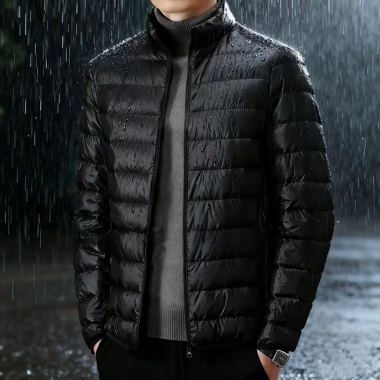 

Lightweight ort down Cotton Jaet Men's Slim Fit Stand Collar Autumn Winter Coat Knot Element No Hood Nylon Fabric