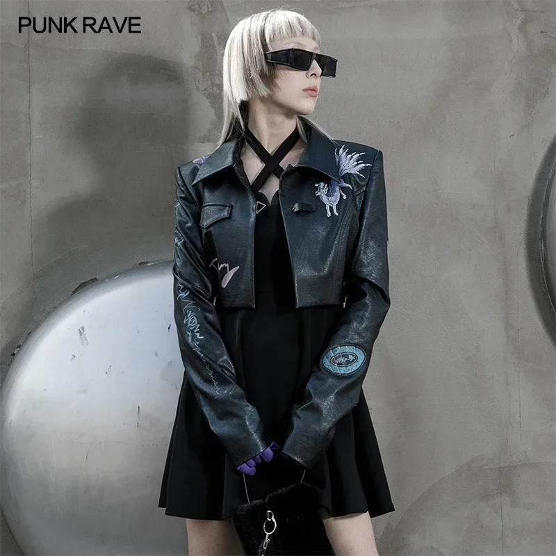 

PUNKRAVE Women's Chinese Fashion Series Pattern with Printed PU Short Jacket Punk Handsome Personality Metal Buckle Small Coat