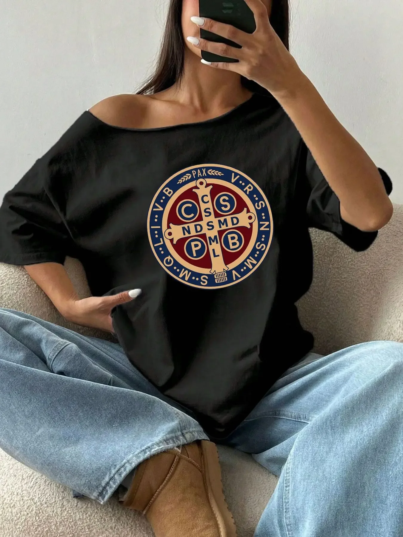 100% Cotton Plus Size Religious Cross Emblem Print Shoulder Loose Print T-Shirt Oversized Y2K Style Graphic Tees Women Tops S