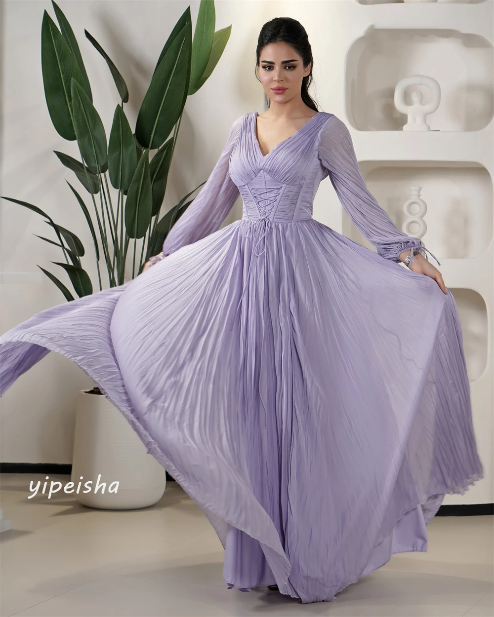 Customized Jersey Draped Pleat Ruched Clubbing A-line V-Neck Bespoke Occasion Gown Long Dresses