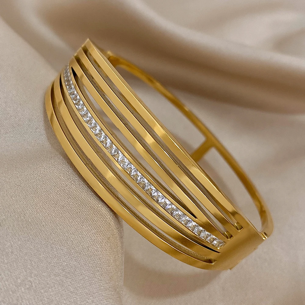 Flashbuy Stainless Steel Zircon Multi-layered Line Wide Bangles Bracelets for Women Gold Color Waterproof Jewelry