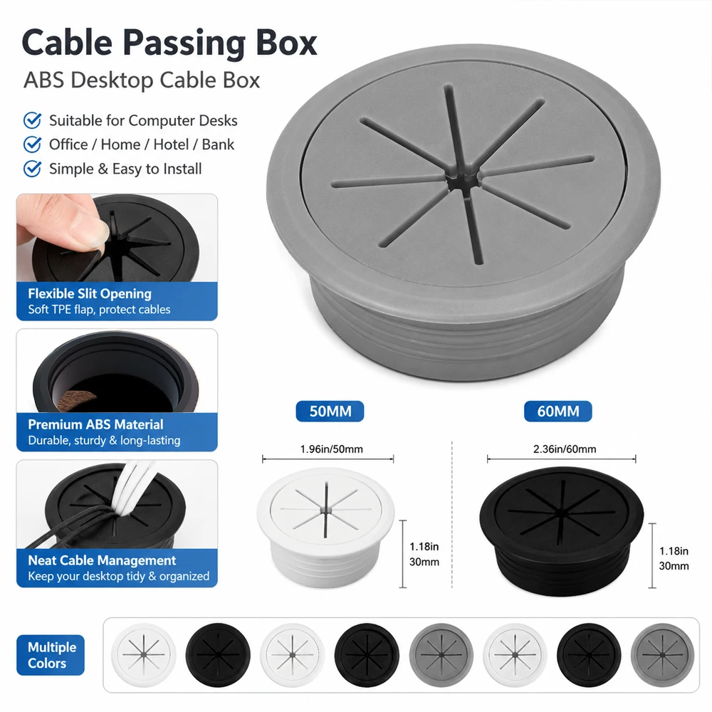 1-5pcs 50/60mm Desk Cable Grommet, Round Wire Hole Cover & Threading Box for Office Table, Countertop Cable Management Port
