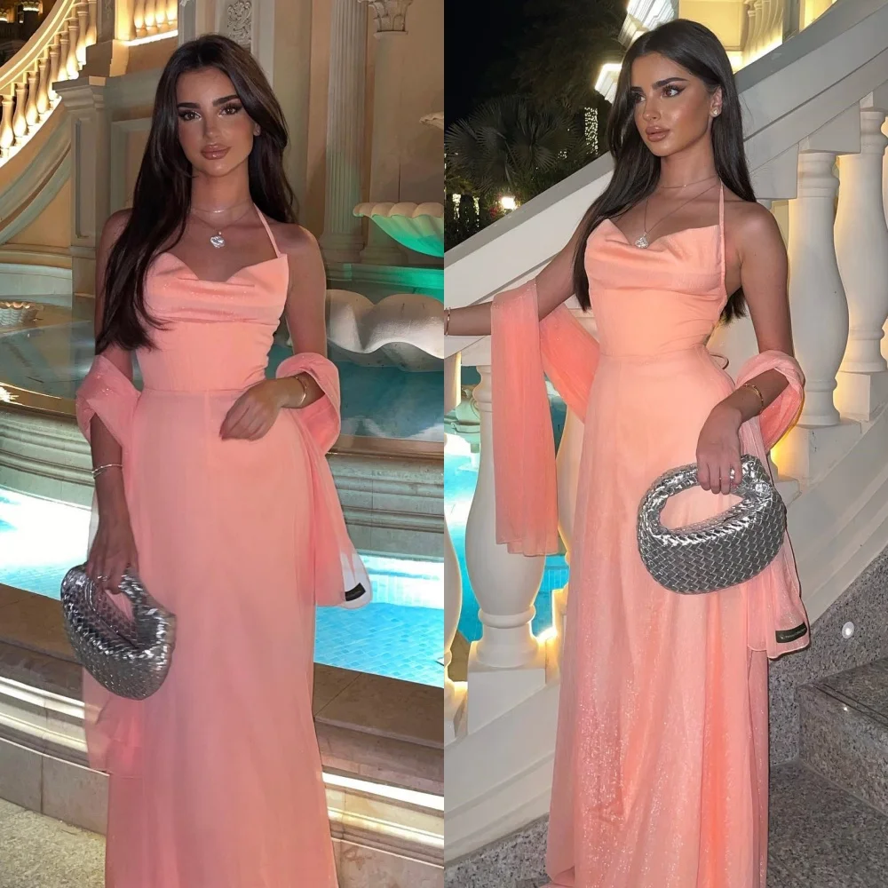 

Exquisite Halter Mermaid Floor Length Evening Dresses Stole Chiffon Formal Occasion Gown vestido feminino festa luxoفساتين سهره