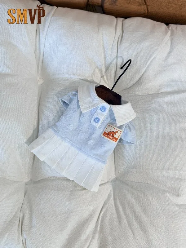 Baby Blue Pet Polo Dress Peter Pan Collar Pleated Skirt Embossed Texture Short Sleeve Preppy Style Summer Outfit for Small Pets