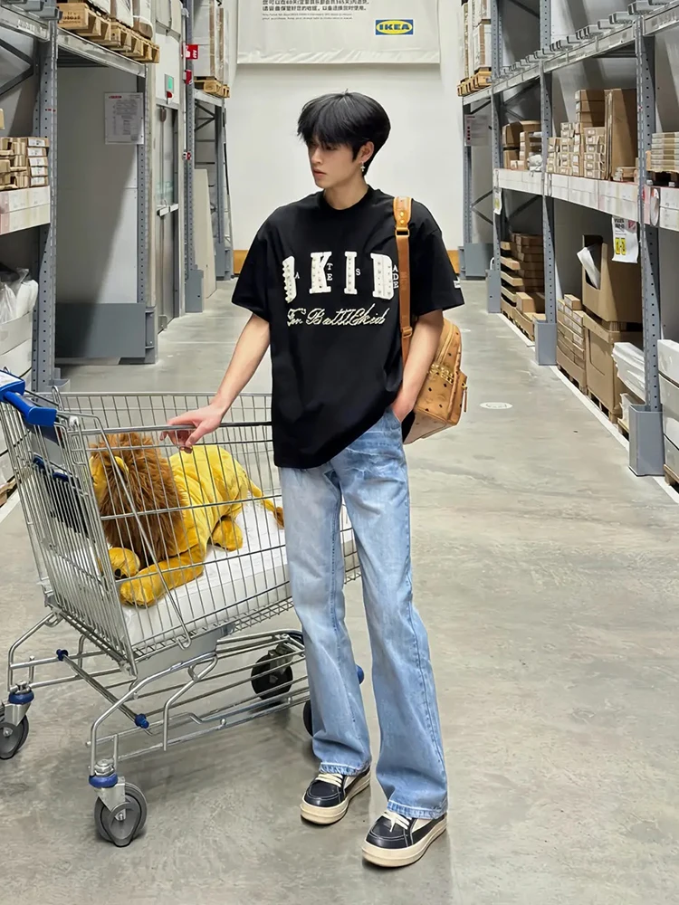 

Light Blue Waed Soft Denim Jeans Men's High Street Cleanfit Slimming Micro Flared Pants Lightning Pattern Casual Jeans