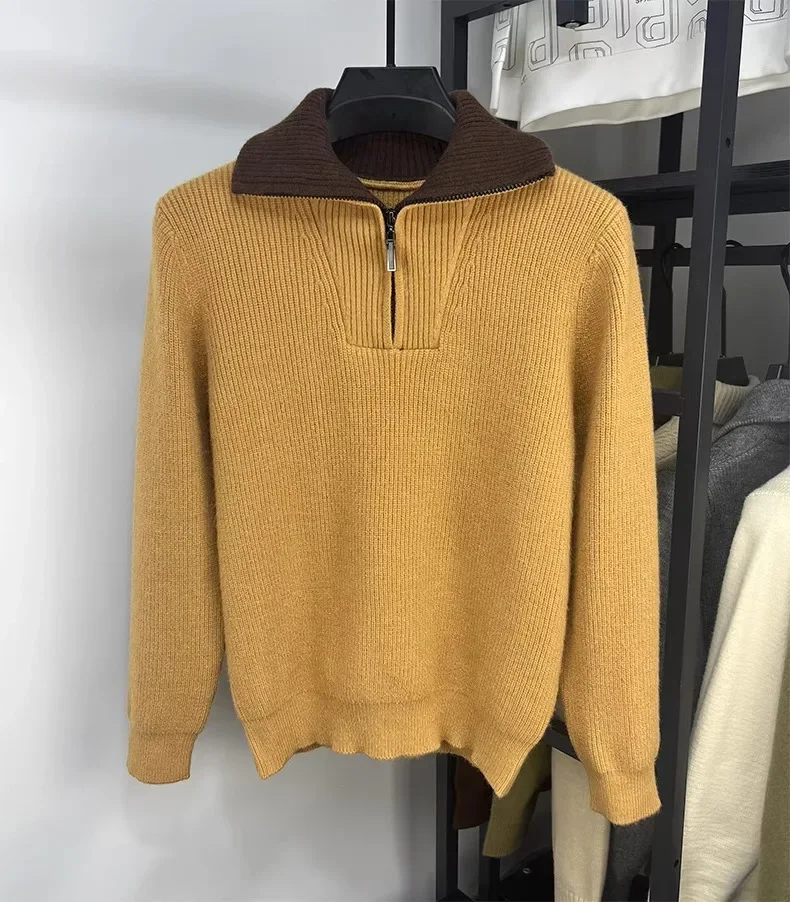 High-End-Marken-Trend-Männer-Pullover mit halbem Reißverschluss 2024, Herbst und Winter, neue lässige Mode, verdickter einfarbiger Strickpullover mit Stehkragen – Detail 8