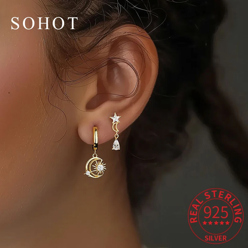 

1 Pcs Real 925 Sterling Silver Hollow Moon Zircon Mini Stud Earrings For Charm Women Minimalist Fine Jewelry Trendy Accessories