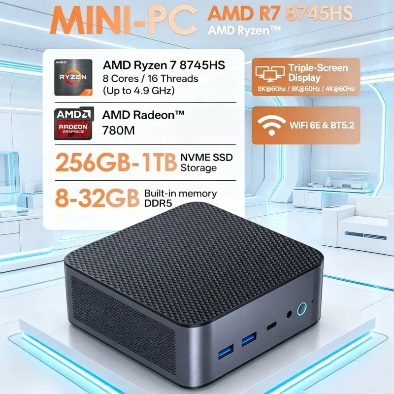 

Promptive Ryzen 7 8745HS Mini Server Computer Dual 2.5G Ethernet Port Dual DDR5 NVMe HD DP Type-C Multi Monitor Windows11