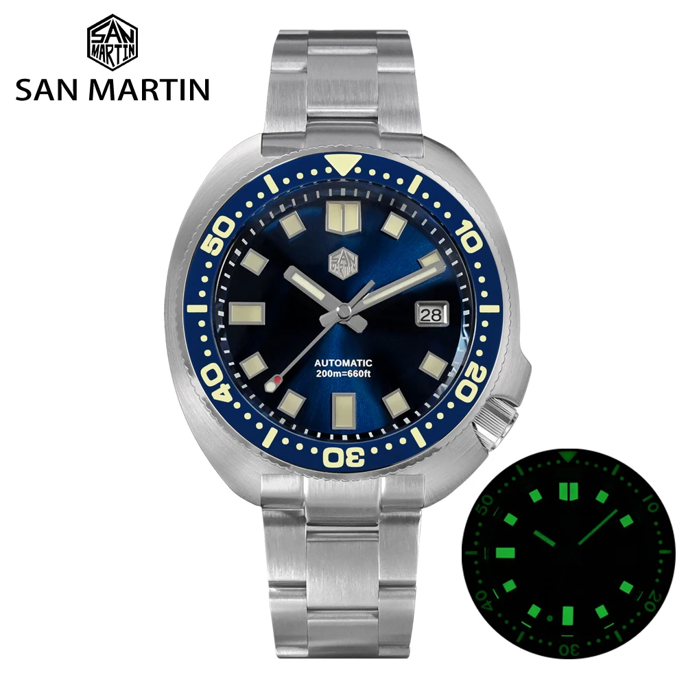 San Martin-Montre de Luxe pour Homme, 44mm, Nouvelle Tortue de Plongée NH35, existent Mécanique, Bracelet Saphir, 20 Bar Shoous Relojes