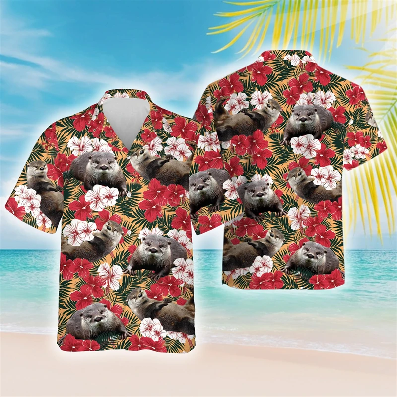

3D Printed Funny Sea Animal Otter Beach Shirt For Men New In Short Sleeve Button Hawaiian Shirts Blouses Men's Vacation Shirt