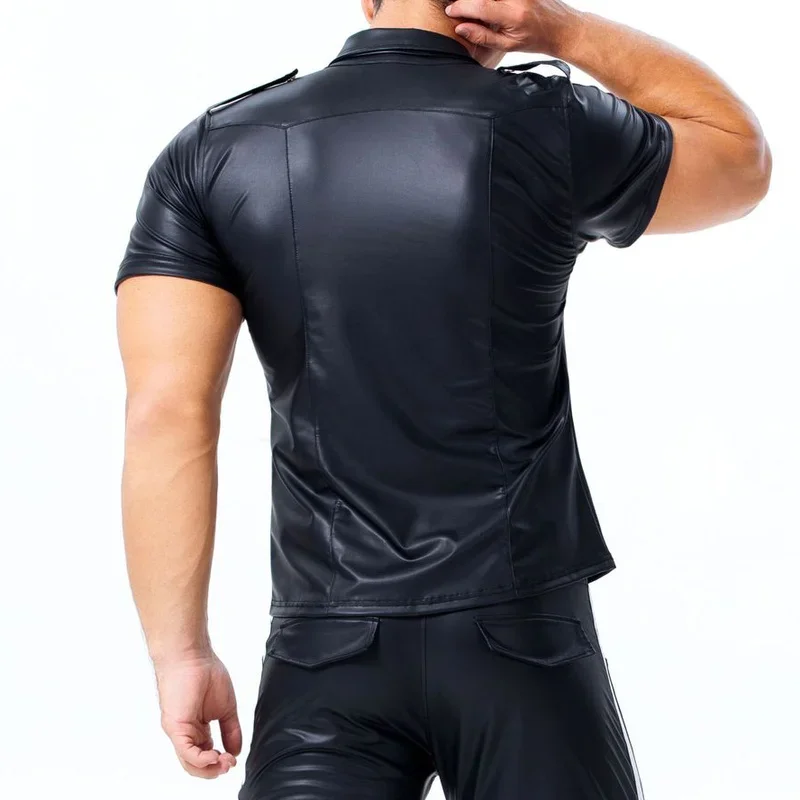 Men PU Leather T-shirt Tie Turn-down Collar Button Short Sleeve Tee Shirts Sexy Chemise Latex Clubwear Tops Streetwear Plus Size