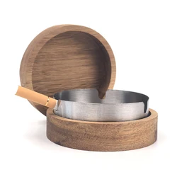 Acacia Wood Desktop Ashtray With Lid Stainless Steel Windproof Ash Tray for Bar Office Home Decoration Smoking Accessories