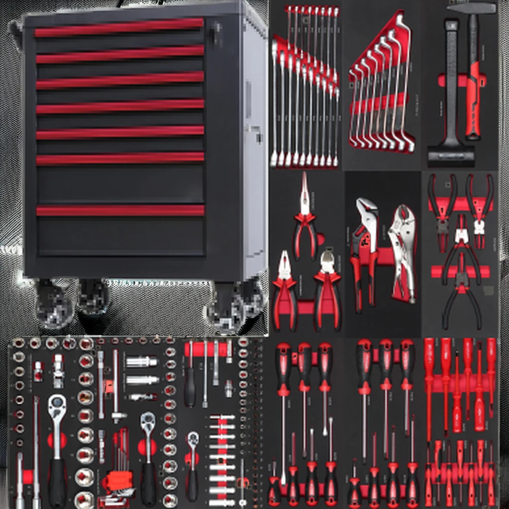 174 Pcs Heavy- Rolling Tool Set 7-Drawer Stainless Steel Chest Cabinet Cart Trolley RED Box OEM Warranty Workshops