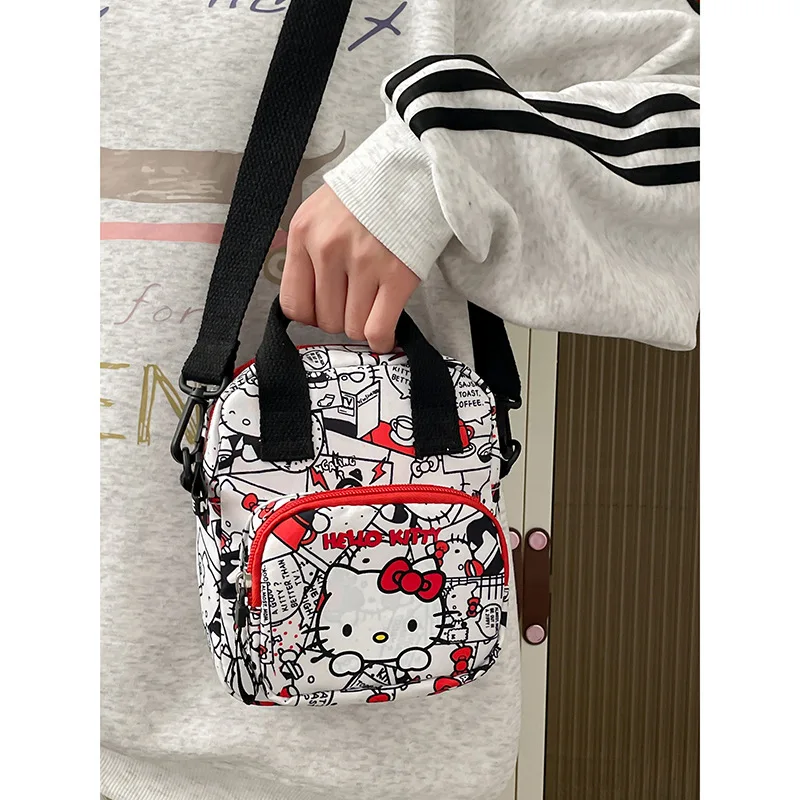 Sanrio Hello Kitty Women\'s Shoulder Bag Girls Cartoon Cute KT Printed Large Capacity Canvas Crossbody Bag Kids Travel Handbag