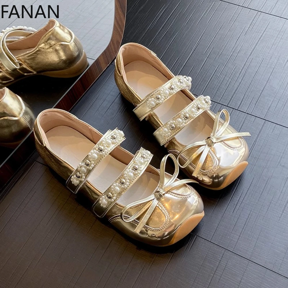 

French Pearl Low Heel Pumps Flat Elegant Silver Bow Mary Jane Shoes Velcro Small Leather Shoes Women 2025 Summer