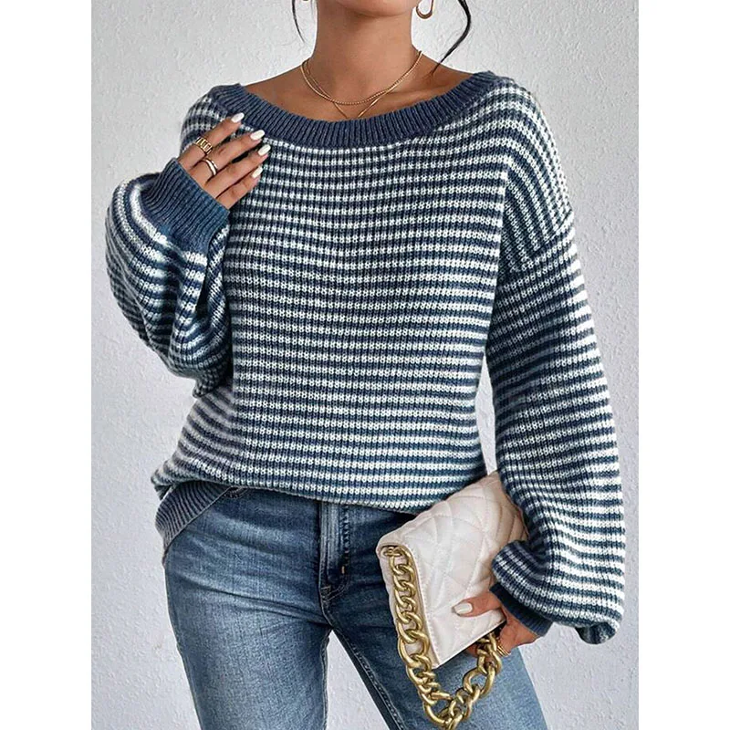 New arrivals for autumn and winter: Women's tops. One-shoulder striped off-the-shoulder knitwear. Drop shoulder sleeves. Lazy an