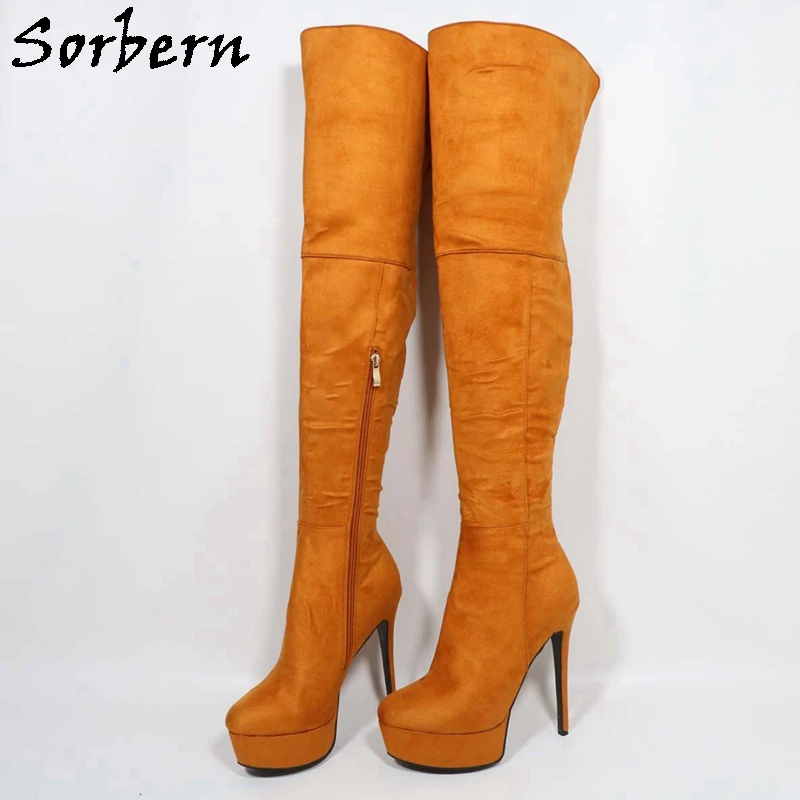 Sorbern Orange Suede Mid Thigh High Women Boots Half Zipper Platform Long Female Boot Over The Knee Custom Wide Or Slim Fit Leg