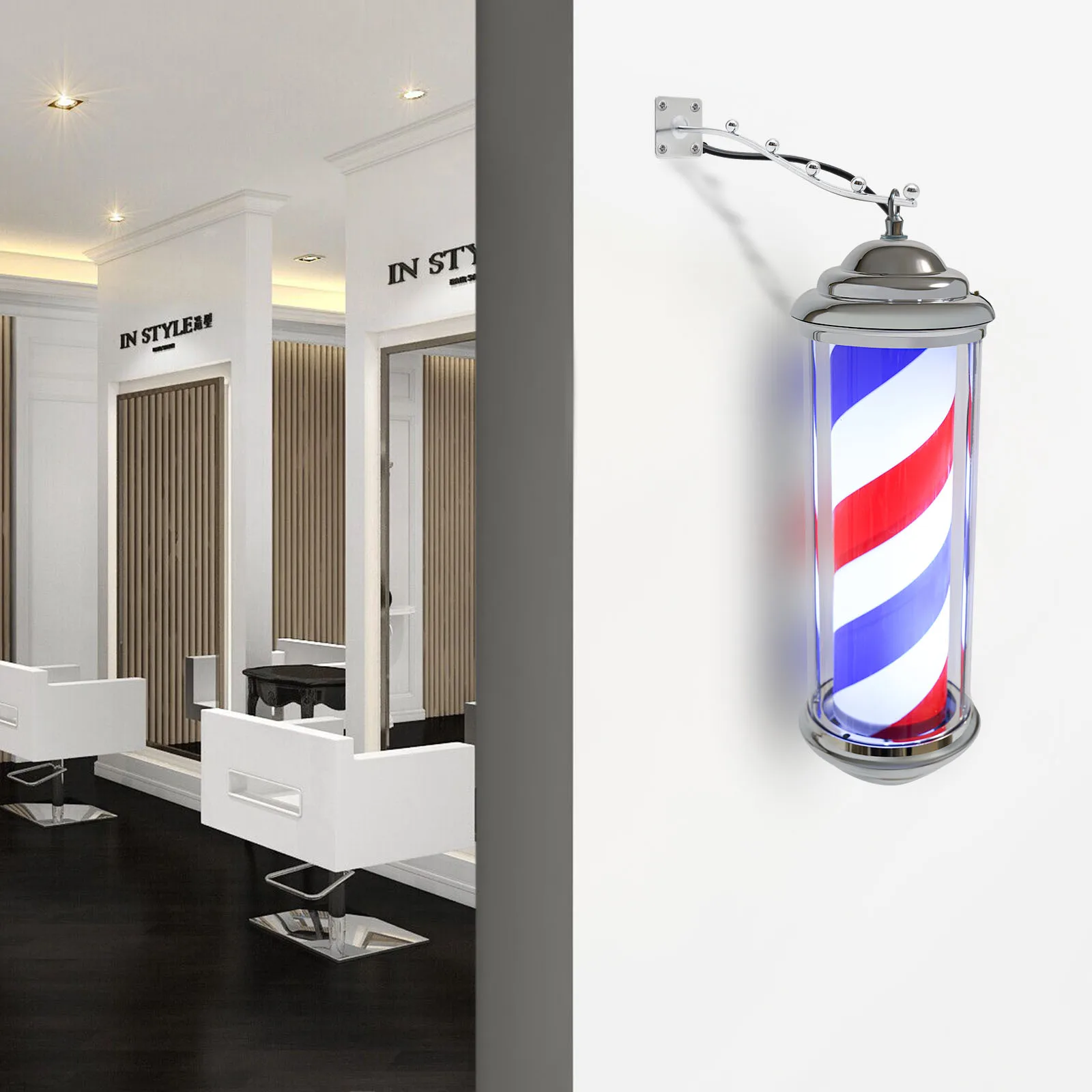 Imagem -03 - Girando o Sinal de Luz Led Suspenso Barbearia Led Sign Hair Salon Pole Branco Tabuleta Dourada