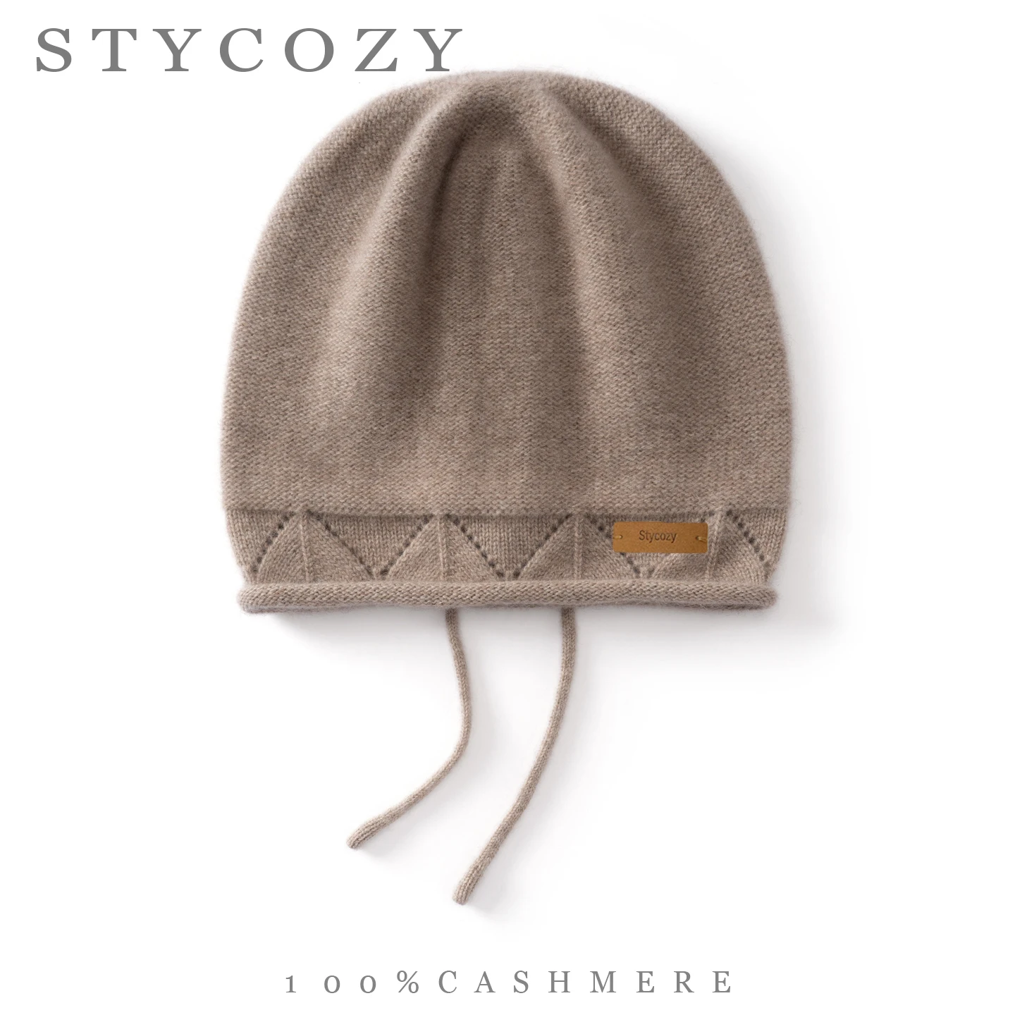 Women's 100% Cashmere Drawstring Back Tie Knit Beanie Diamond Eyelet Rolled Edge Wrap Hat Soft Warm Autumn Winter Skullcap