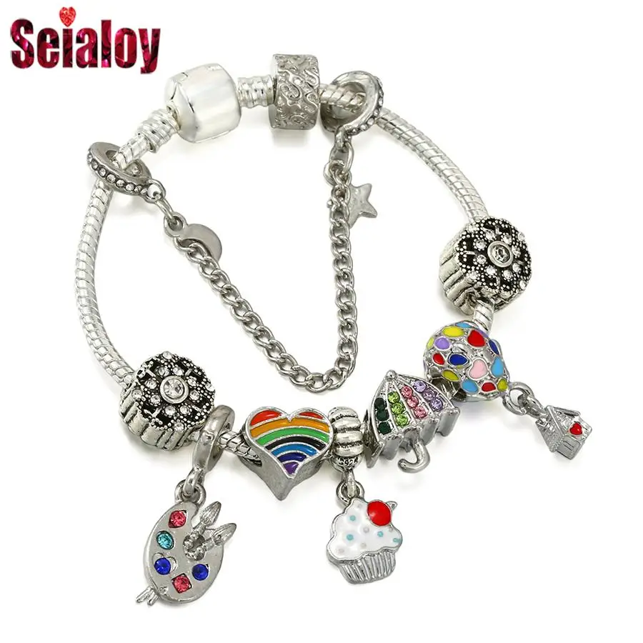 Seialoy Rainbow Umbrella Beads Drawing Board & Hot Air Balloon Charm Bracelets for Women DIY White Clouds Beads Bangle Jewelry