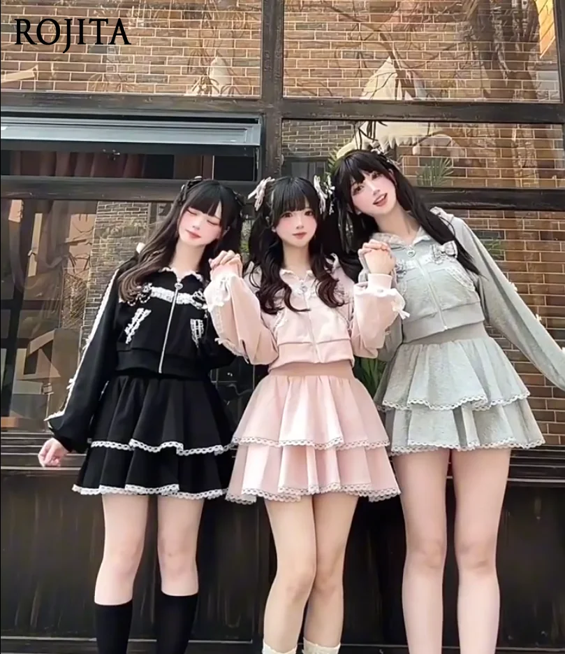 

Japanese Cropped Hoodie Jacket with Lace Bow Details Women Zipper Short Jacket Coat Mini Skirt Sweet Girls Wide Leg Pants