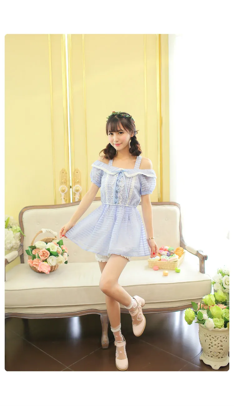 Sales Japanese Liz Lisa Lace Chiffon Off Shoulder Spaghetti High Waist Organza Top Dress