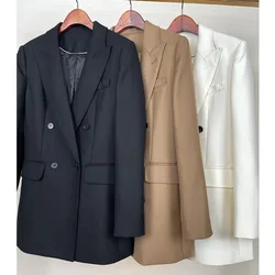 High-end Suit Jacket Women Autumn 100% Wool Horn Buckle White Small Suit 2024 Winter Black Double-Breasted Slim Commuter Classic