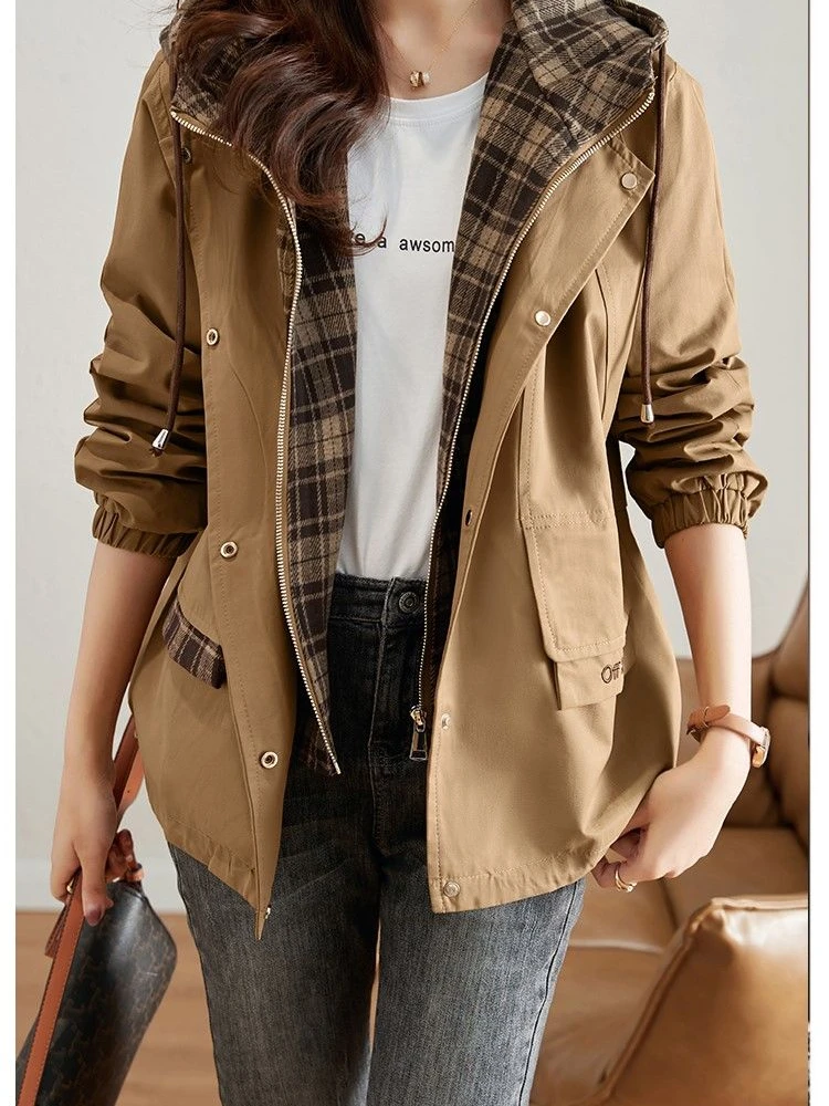 2025 New Korean Fashion Short Hooded Windbreaker Female Long-Sleeved Loose Casual Outwear Coats Women Autumn Trench Coat Woman