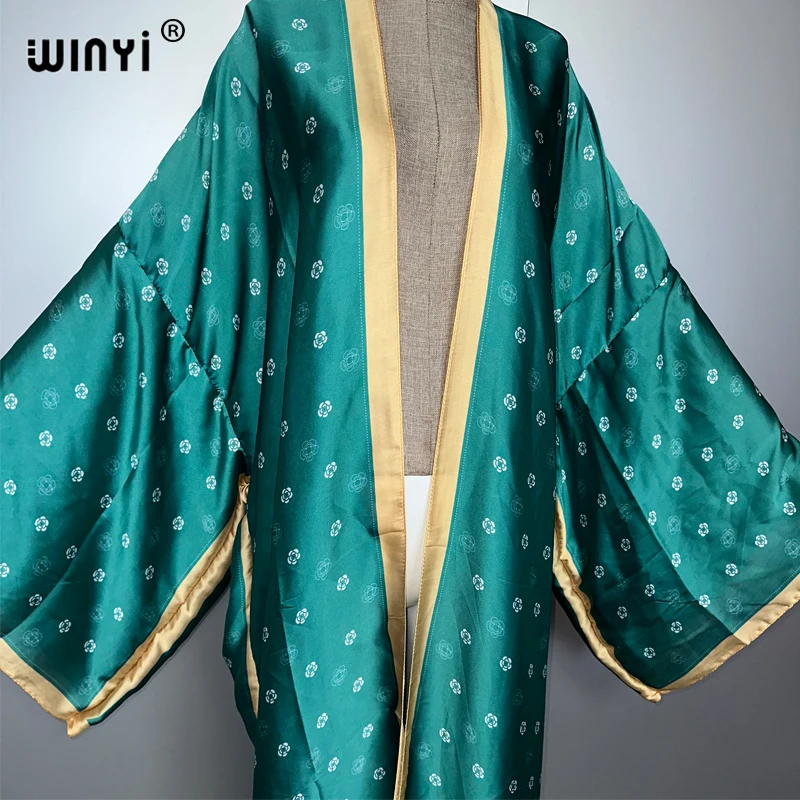 WINYI kimono fashion print sweet lady beach Bohemian long Cardigan Cover-up stitch Casual Boho Maxi Holiday party kimono