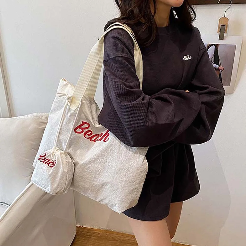 

Leisure Composite Tote Bags Japanese Style Beach Letter Drawstring Shoulder Pouch Simple Dopamine Large Capacity Handbag Travel