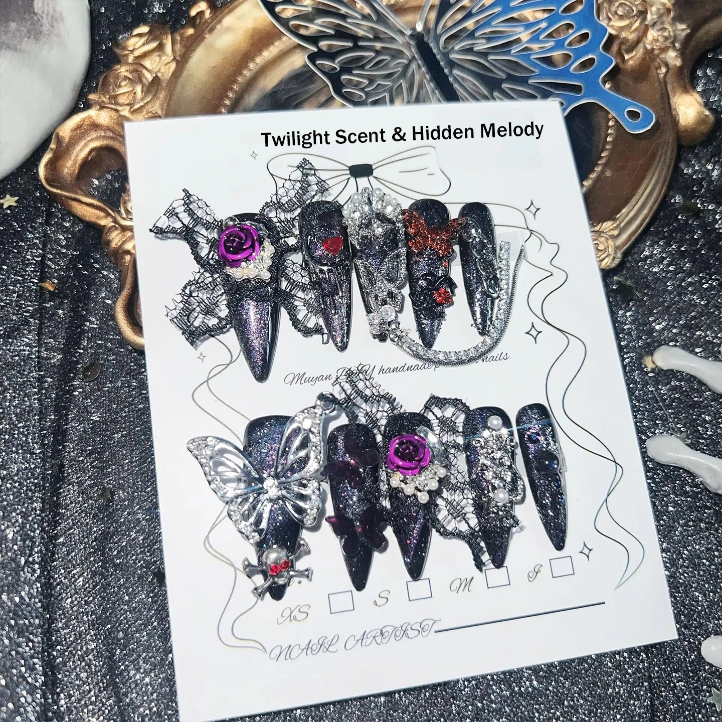 Gothic Lace Purple Rose Press On Nails With Metal Butterfly Skull Multiple Sizes  Black Glitter Purple Rose Lace Design