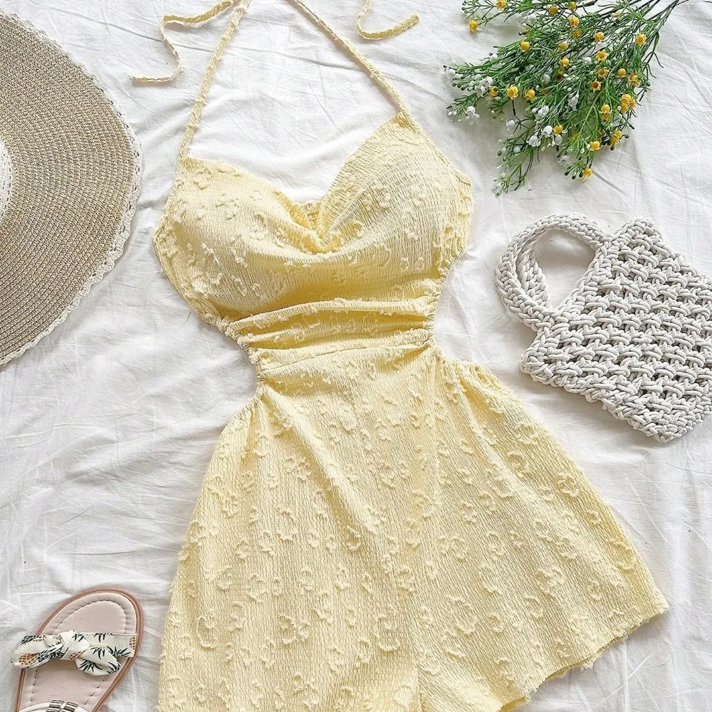Women Sweet Halter Sleeveless Ruched Cropped Jumpsuit Tie Backless Beach Vacation Romper Streetwear Chic