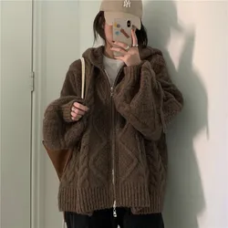 Women Autumn Winter Oversize Knitted Cardigan Casual 2023 Hooded Twist Sweater Zipper Long Sleeve Crochet Outerwear