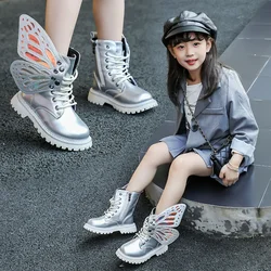 Girls Boots 2023 New Autumn Winter Fashion Butterfly Princess Botas Casual Non-slip Ankle Boots Silver Patent Leather Kids Shoes