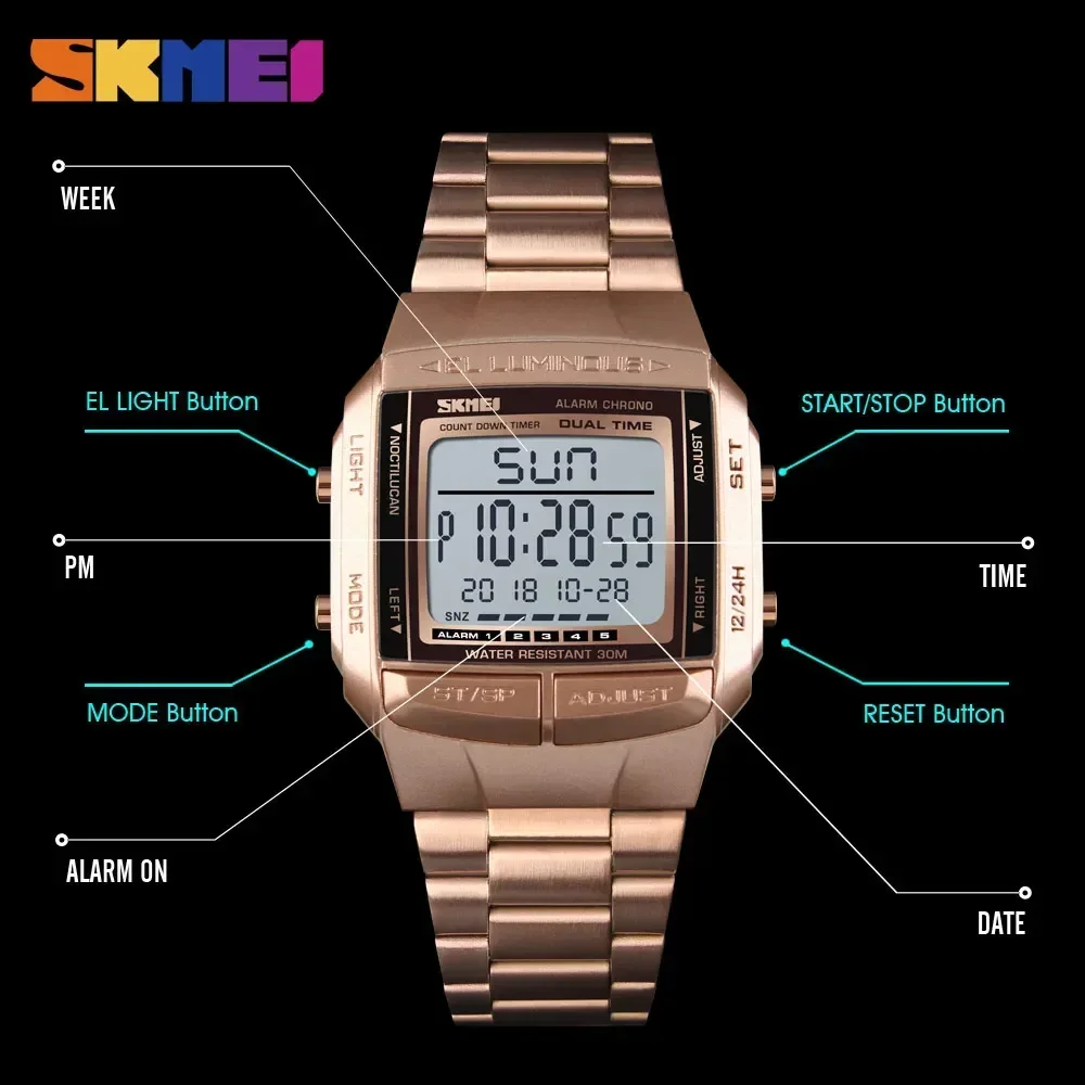 SKMEI-reloj deportivo con esfera grande para hombre, cronógrafo con espejo de cristal, Digital, alarma, cuenta atrás, para exteriores, 1381