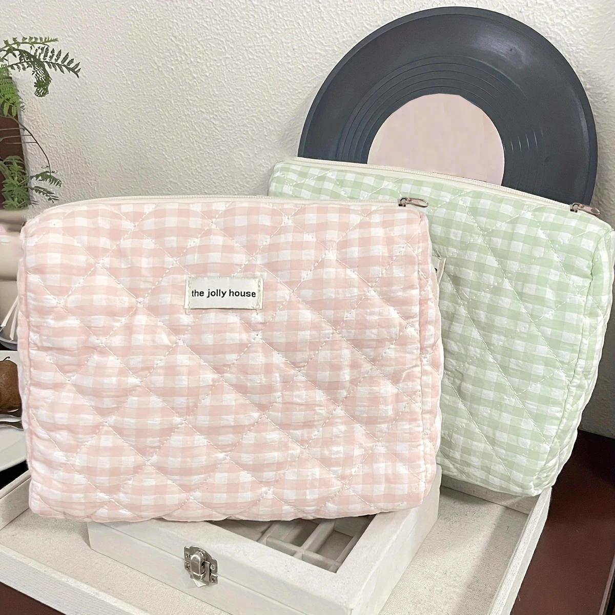 YANZAI حقيبة مستحضرات التجميل النسائية غير الرسمية سعة كبيرة حقائب تخزين السفر بسيطة منقوشة السيدات حقائب يد قماش الوردي الإناث B #1