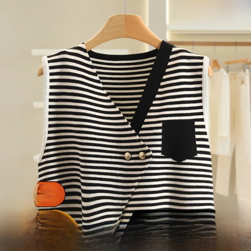 

Женский вязаный жилет с v-образным вырезом, кардиган в полоску, двубортный брендовый осенний верхний костюм на пуговицах Faion Commute Sle