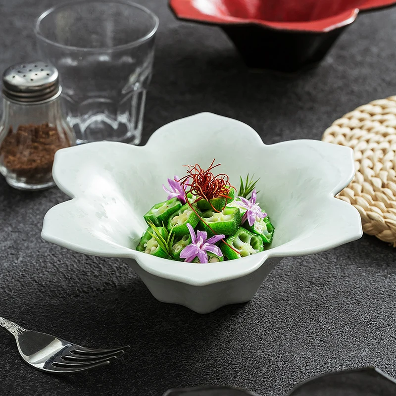 Japanese Retro Ceramic Dessert Bowl High Appearance Flower Shaped  Fruit Salad Yogurt Bowls 7 Inch Hotel Tableware
